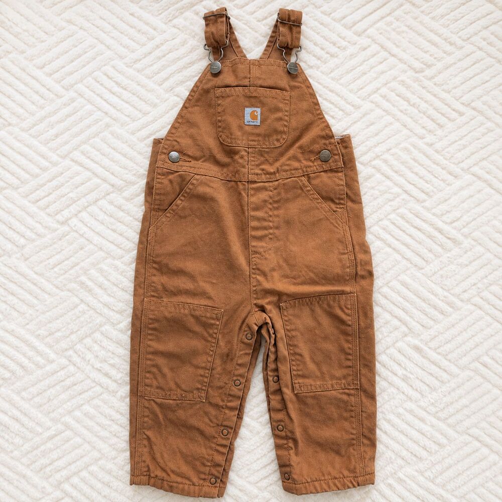 Carhartt Baby 18M Flannel Lined Canvas Bib Overalls Brown Snap Leg Workwear